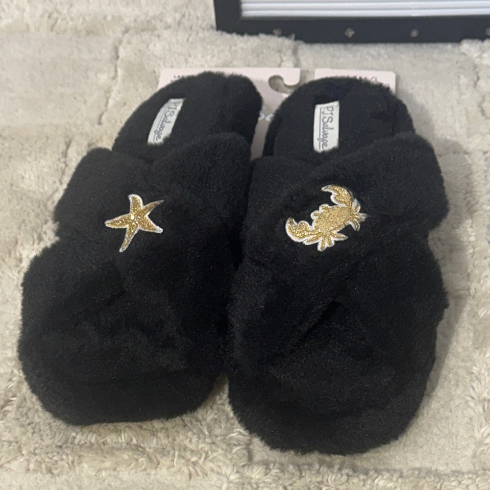 P.J. Salvage Black Fuzzy Slippers